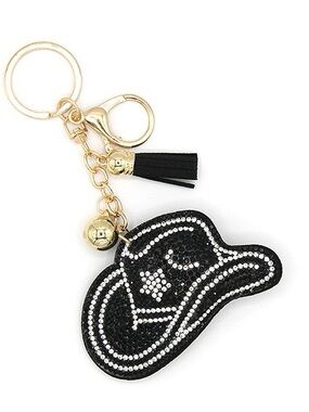 Rhinestone Black Hat Keychain Charm with Gold Hardware